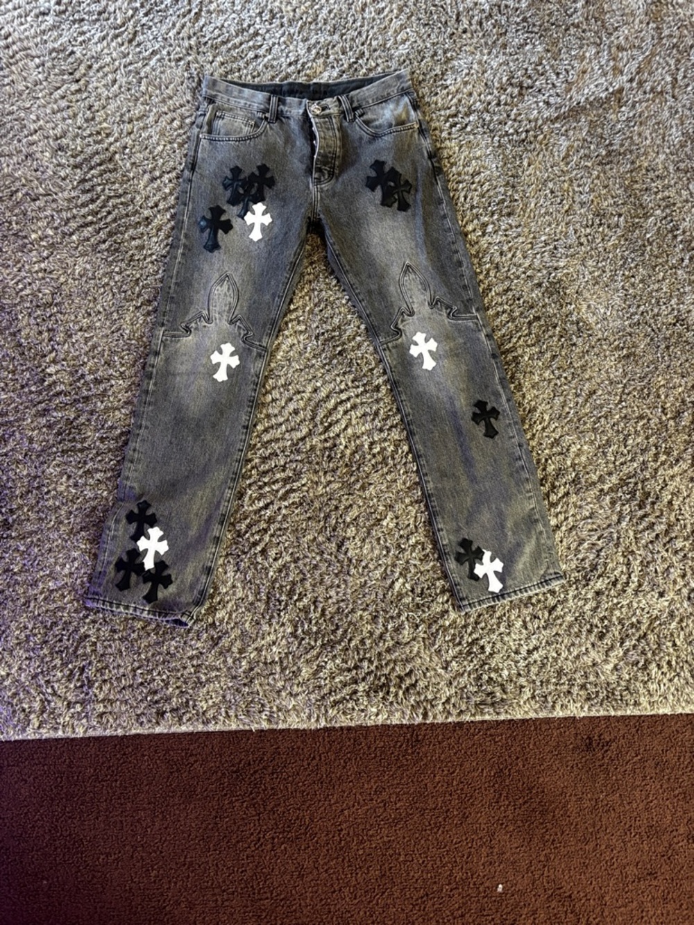 Chrome hearts black and white cross patch flame knee jeans